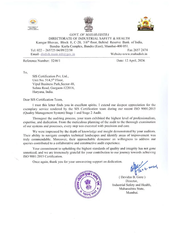 Appreciation letter - Directorate Of Industrial Safety And Health 3 Maharashtra