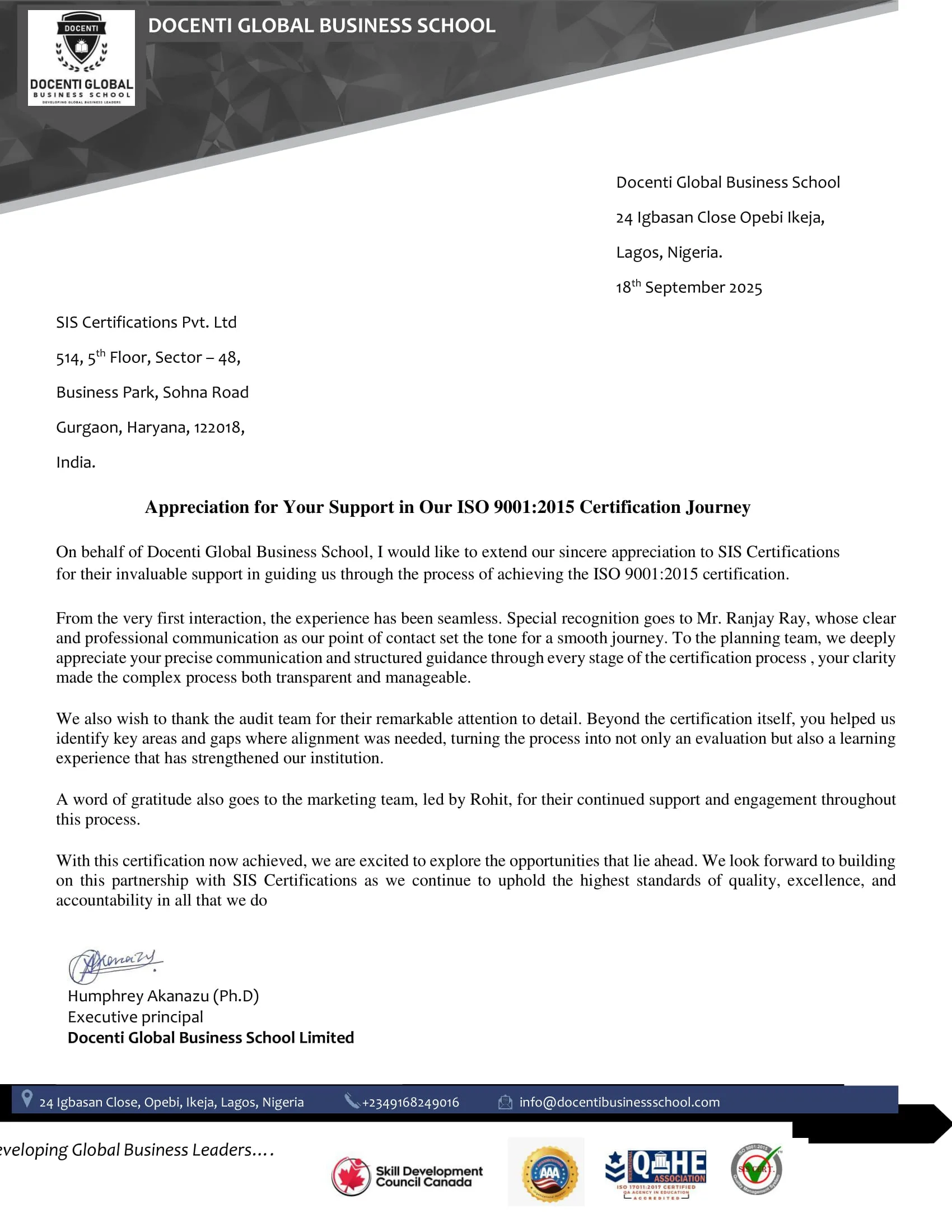 Appreciation letter - Docenti Global