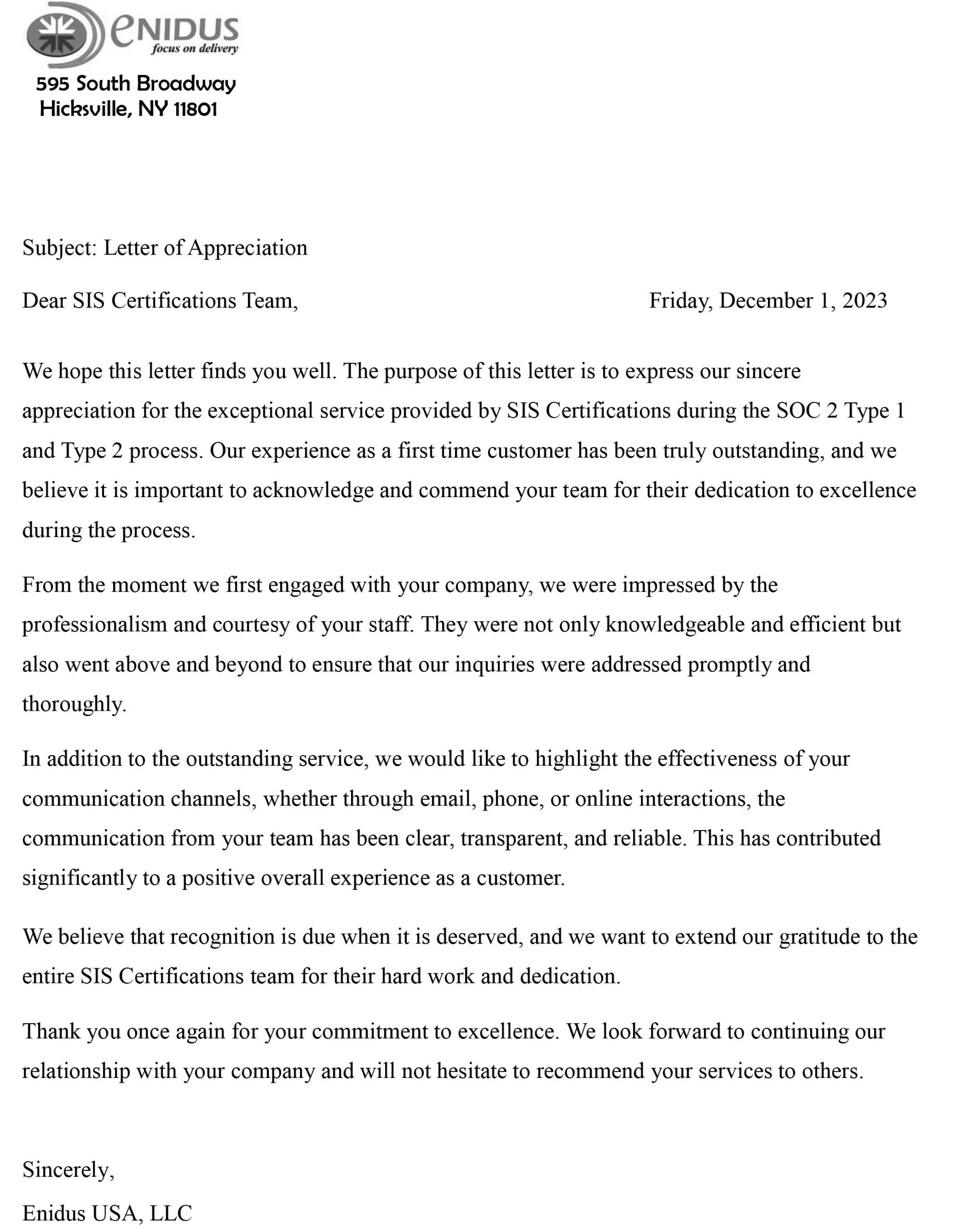 Appreciation letter - Enidus USA LLC