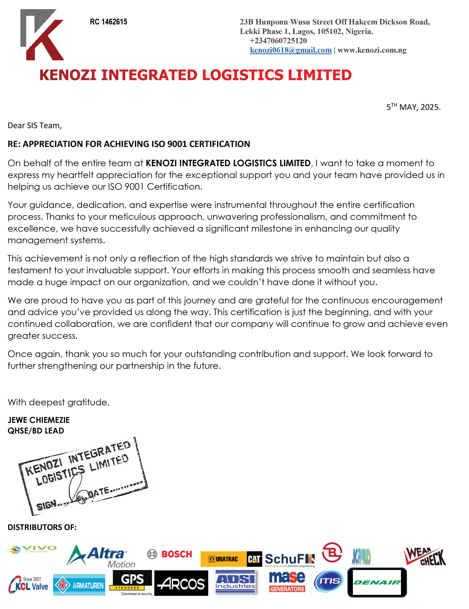 Appreciation letter - KENOZI INTEGRATED LOGISTICS LIMITED