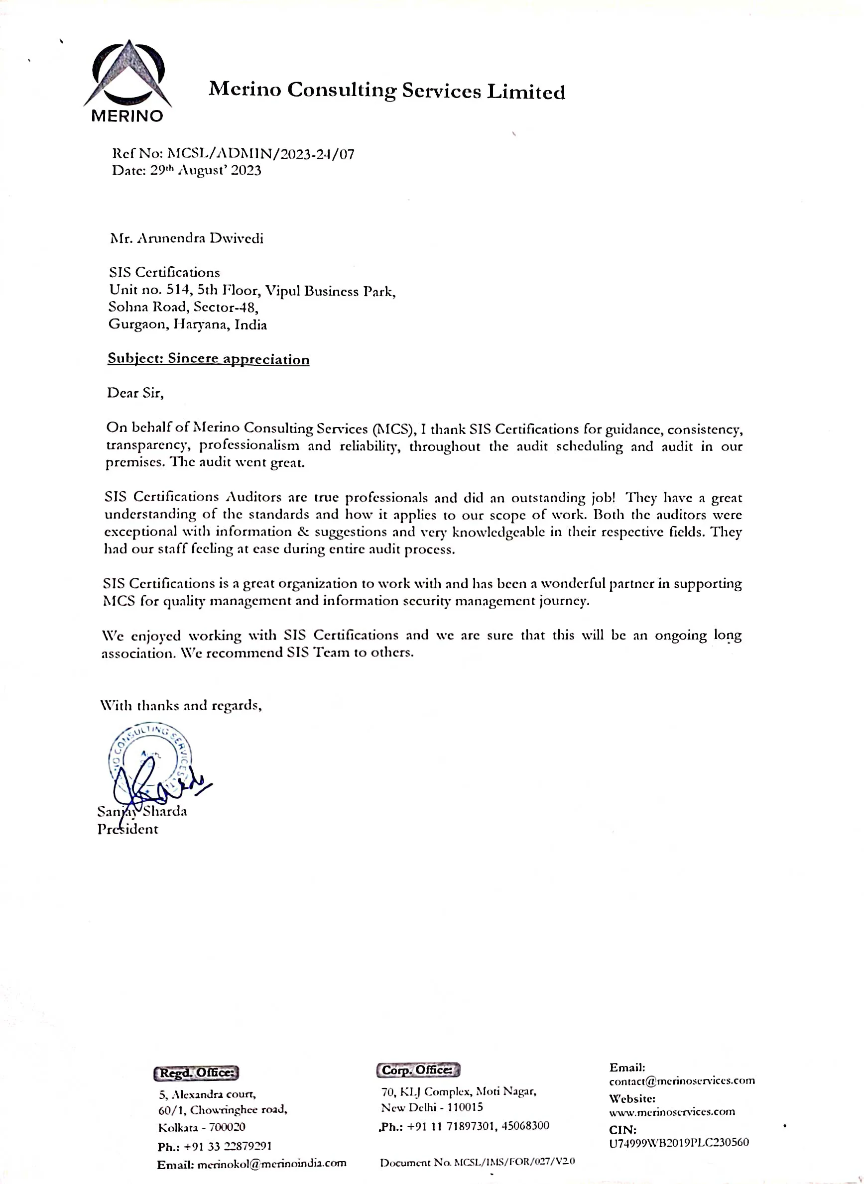 Appreciation letter - Merino Consultancy