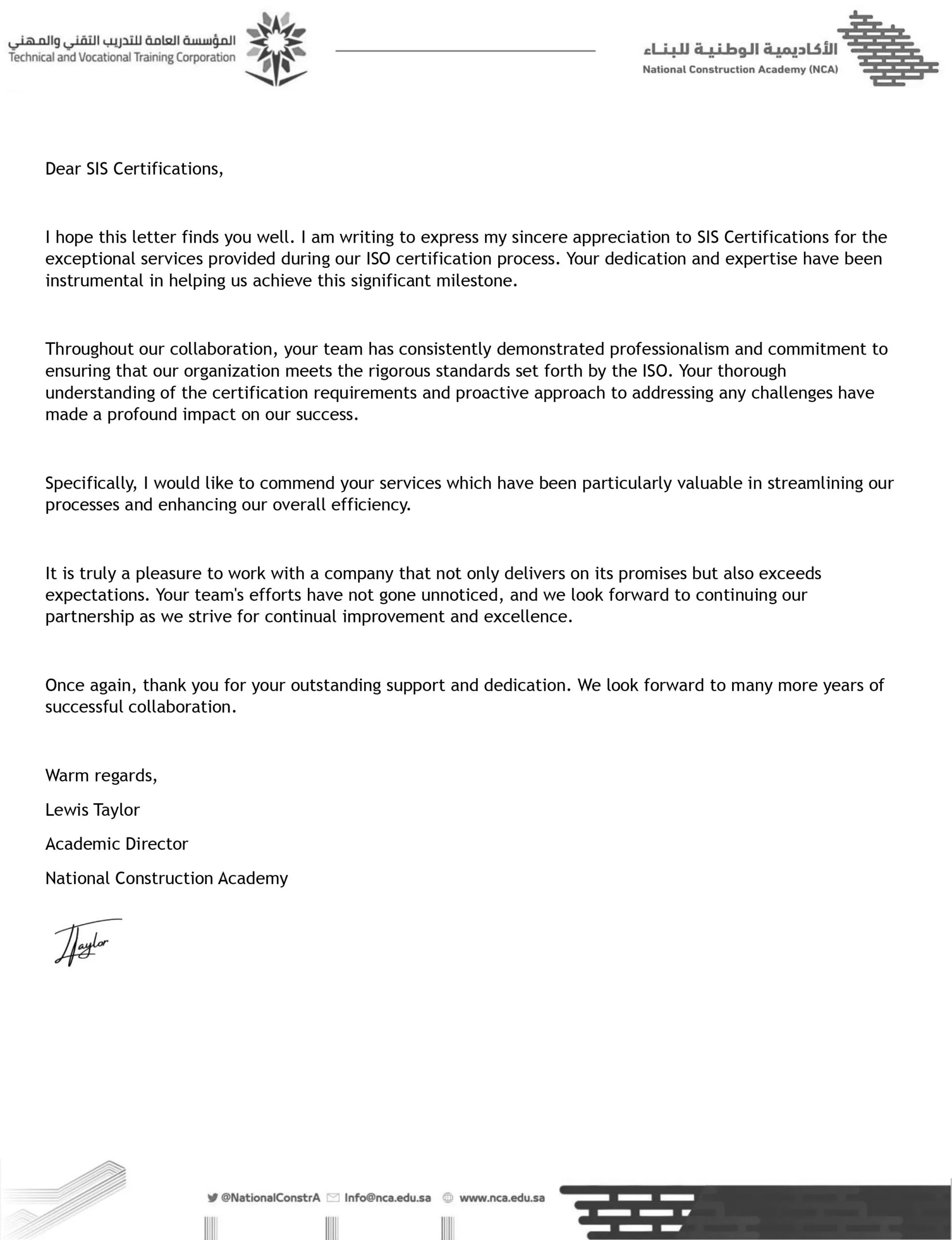Appreciation letter - National Construiction Academy