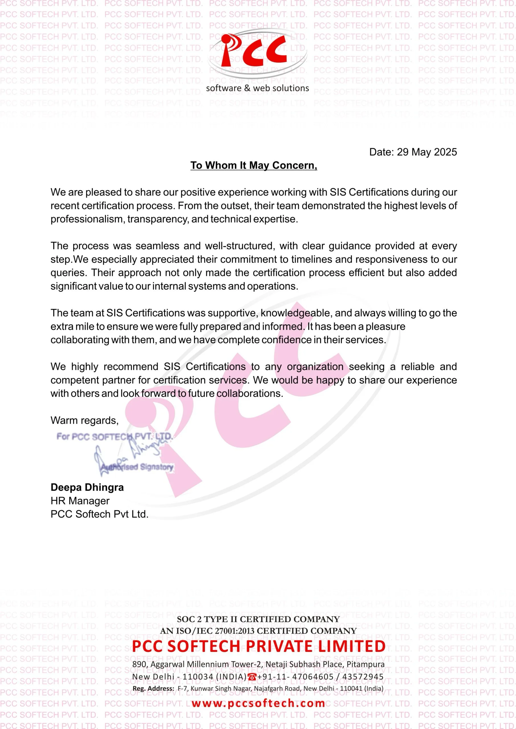 Appreciation letter - PCC Softech Pvt Ltd