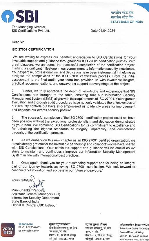 Appreciation letter - SBI 1