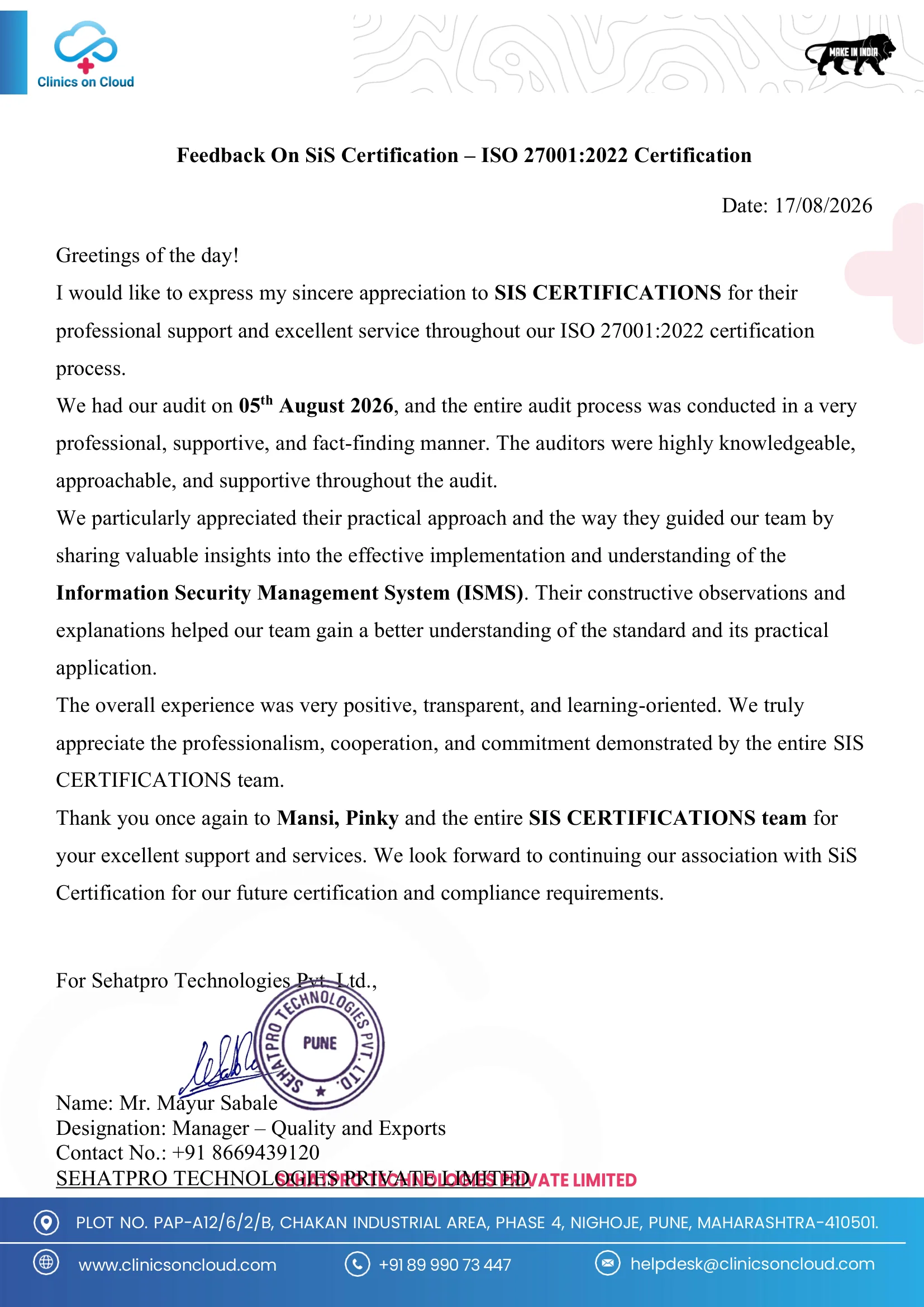 Appreciation letter - Sehatpro Technologies Pvt Ltd