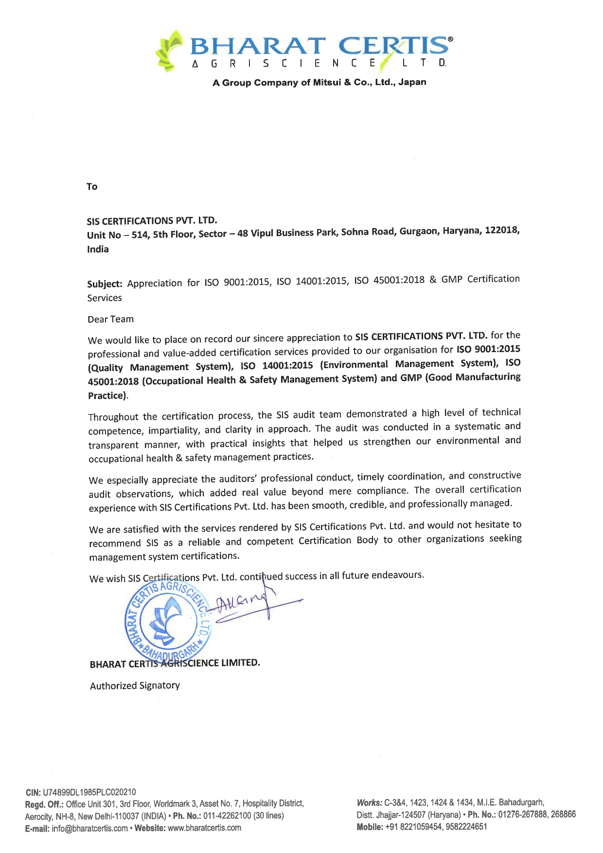 bharat certis appreciation letter