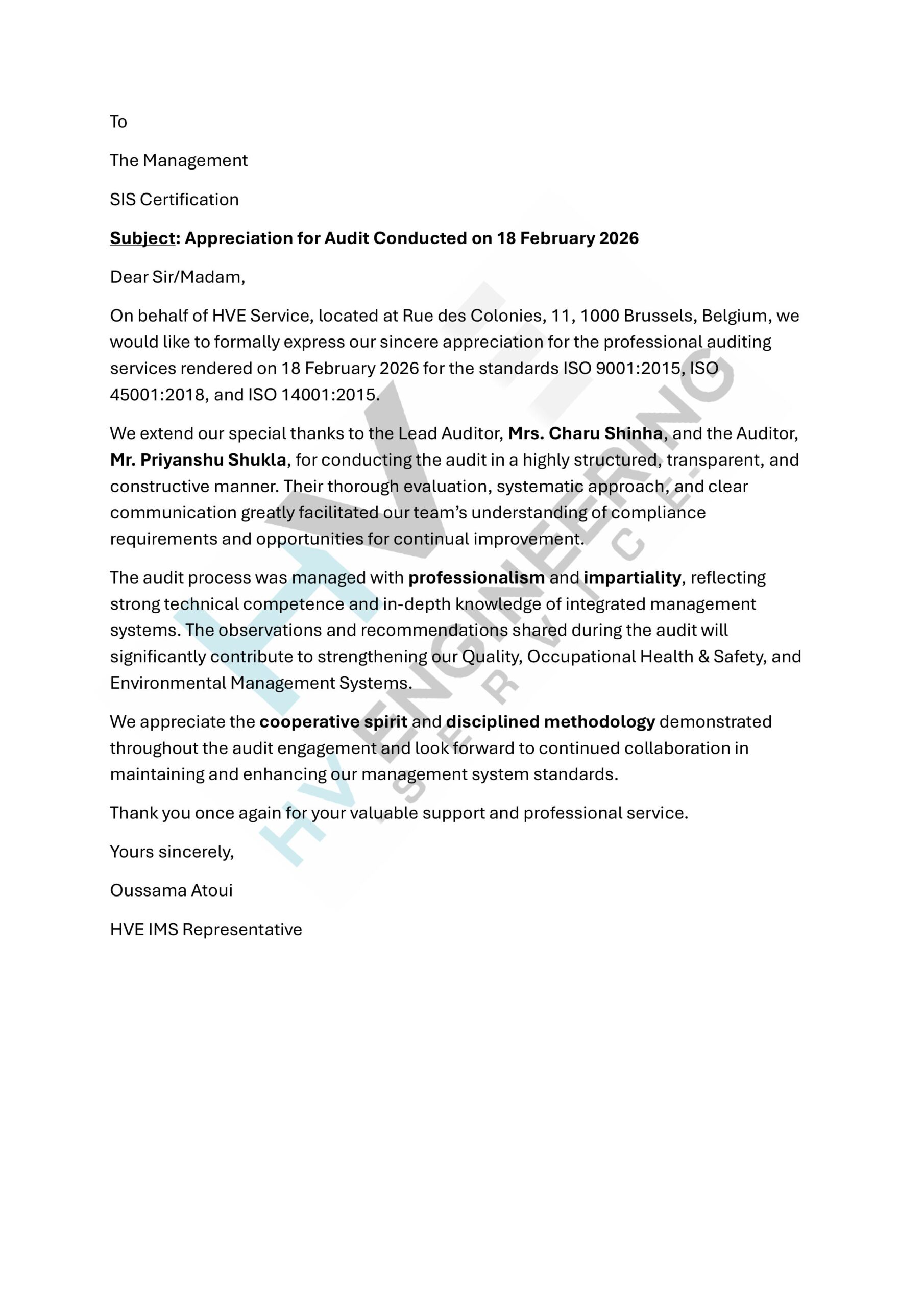 Appreciation letter from HVE Service