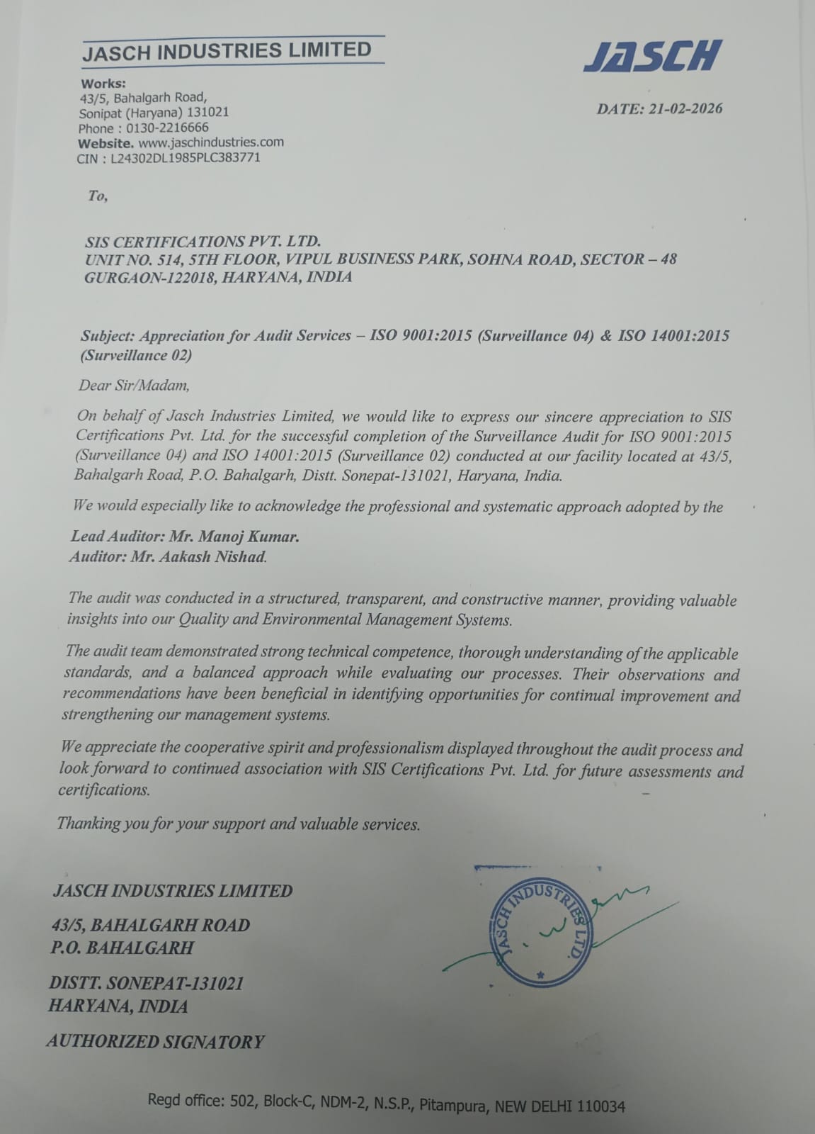 jasc industries limited appreciation ;etter