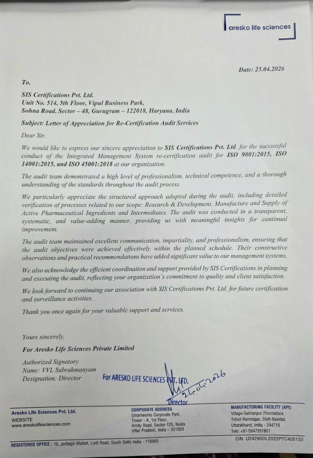 For Aresko Life Sciences Private Limited Appreciation Letter
