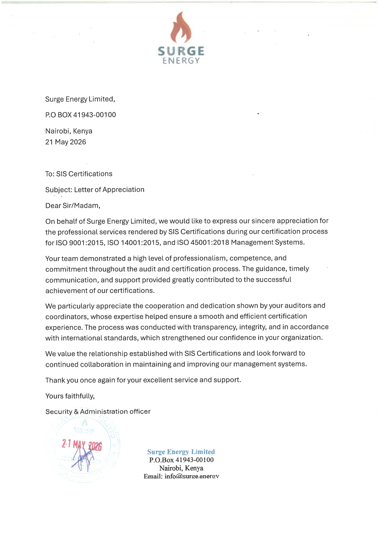 surge energy Appreciation letter_